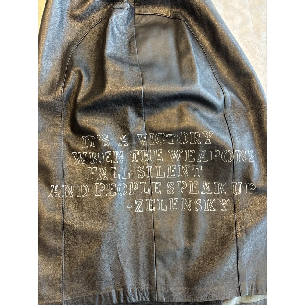 NWOT Olympic‎ leather midi skirt 16  women With Peace graphics Zelensky quote